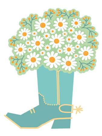 Cowboy boot floral. Vector cowboy boot and fresh chamomile bouquete isolated on white background. Country decoration for designのイラスト素材