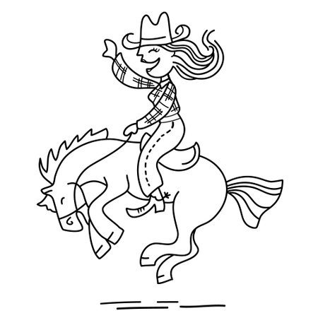 Cowgirl horse rider cartoon vector illustration isolated on white. Vector funny cowgirl riding wild horse.のイラスト素材