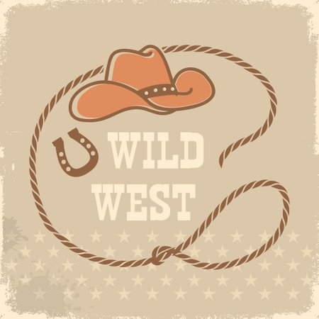 Rope frame with cowboy hat and lasso on vintage rodeo background. Vector wild west illustration on old paper texture.のイラスト素材