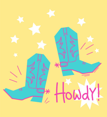 Cowboy poster howdy text with cowboy western boots. Vector cowboy happy birthday card backgroundのイラスト素材