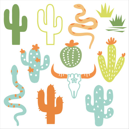 Vector set with cactuses ,snake and cow skull on white background. Colored cactuses illustration.のイラスト素材