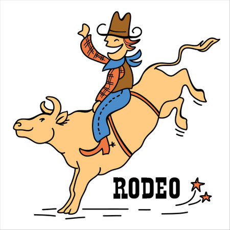 Bull rider cartoon vector illustration isolated on white. Vector funny cowboy riding a bull with rodeo textのイラスト素材