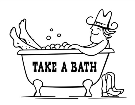 Cowboy bathing. Vector cowboy bathing in bathtub vector hand drawn illustration isolated on white for design. Cute cowboy.のイラスト素材