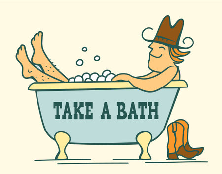 Cowboy bathing. Vector colored cowboy bathing in bathtub vector hand drawn illustration for design. Cute cowboy.のイラスト素材
