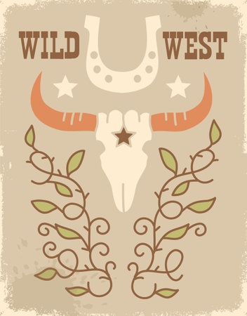 Wild West vintage poster with cow bull and horseshoe decoration. Vector cowboy rodeo background on old paper texture.のイラスト素材