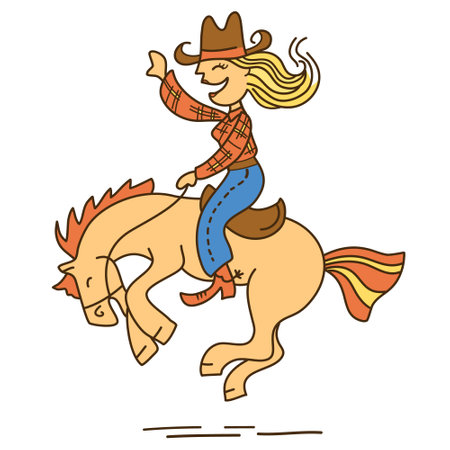 Cowgirl horse rider cartoon colored vector illustration isolated on white. Vector funny cowgirl riding wild horse.のイラスト素材
