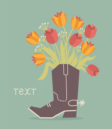 Cowboy boot with flowers decoration. Vector cowboy boot and beautiful yellow tulips flowers on background. Country vintage card for design.のイラスト素材