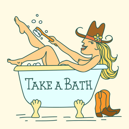 cowgirl taking bath vector colored illustration isolated on white. Young woman in cowboy hat sitting in bath tub. Vector country lifestyle.のイラスト素材