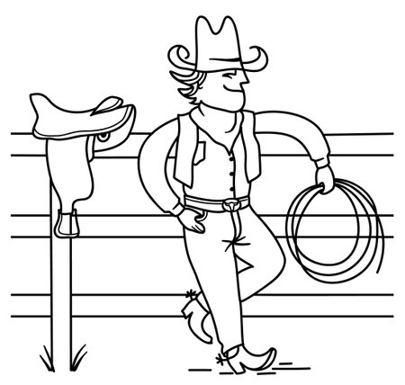 Cowboy standing on fence. Vector farm rodeo hand drawn illustration with horse saddle isolated on white.のイラスト素材