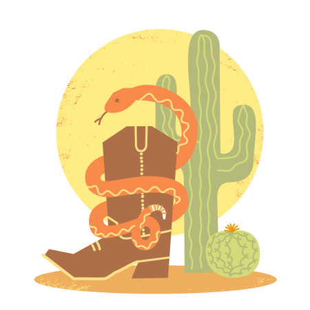 Snake and cowboy boot cactuses on American desert  background. Vector cartoon wild west illustration with green cactuses and yellow sunのイラスト素材