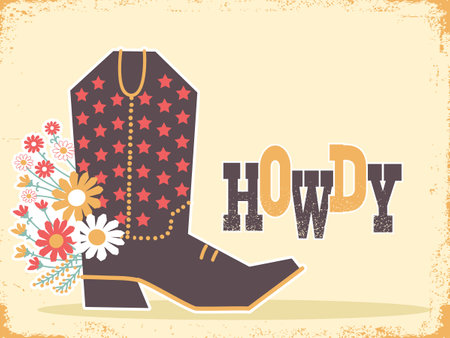 Vintage cowboy background with cowboy boot and howdy text. Vector Howdy text illustration with cowboy boot on old paper texture for designのイラスト素材