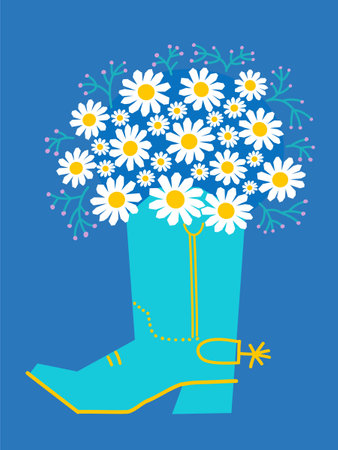 Cowboy boots and flowers. Vector cowboy boot and fresh chamomile bouquete on blue background. Country decoration for designのイラスト素材