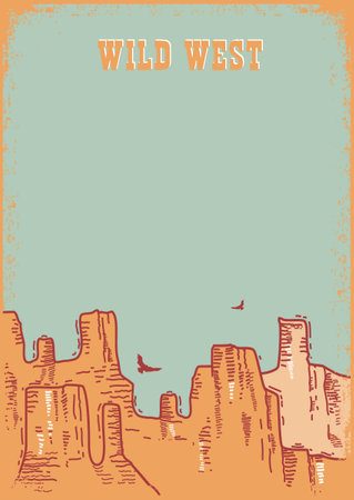 American desert landscape. Vector wild west canyon background on vintage old poster for text or design. Canyon sky horizontのイラスト素材