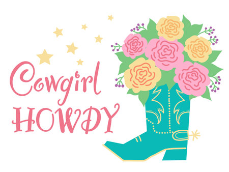 Cowboy boot with flowers card decoration. Vector cowgirl boot and roses boquete. Country decoration isolated on white for design. Cowgirl style card with howdy text.のイラスト素材