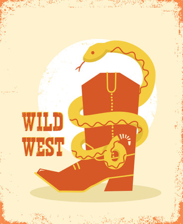 Cowboy boot and snake on old paper background. Vector cartoon wild west illustration with snake , cowboy boots and textのイラスト素材