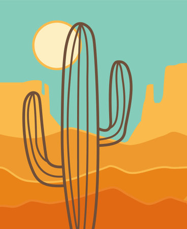 American Arizona desert poster. Vector desert landscape illustration with cactus, mountains and sun.のイラスト素材