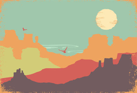 American Arizona desert horizon. Vector vintage desert landscape illustration with mountains and sun on old paper texture.のイラスト素材