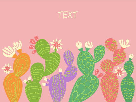 Cactuses card pink background for text. Vector cute cactuses with flowers for text or invitations.のイラスト素材