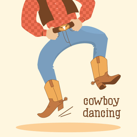 Cowboy dancing vector illustration. Country American dance in cowboy western boots with text. Western man dancingのイラスト素材