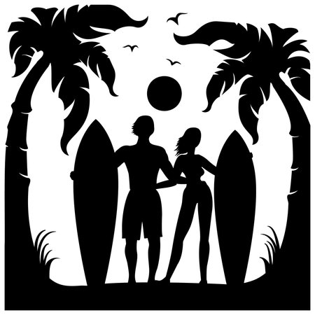 Sea waves tropical beach island. Vector summer landscape poster background with palms and surfers and surfboards. Love surfing cardのイラスト素材
