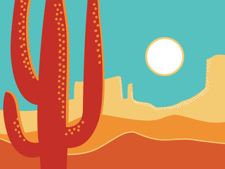 American desert vintage poster background. Vector desert landscape illustration on old paper texture with cactus and sun. Arizona poster mountain design for textのイラスト素材