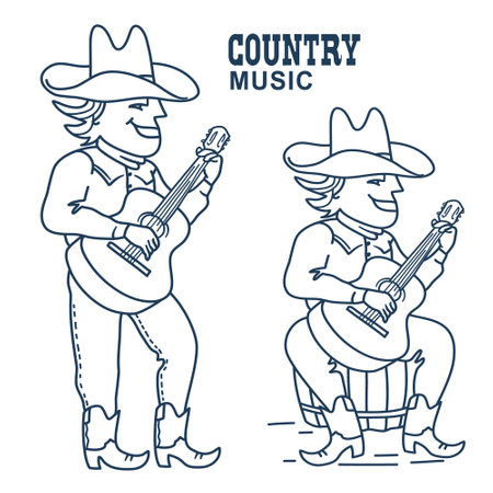 Man in american cowboy boots and hat playing guitar. Vector country music hand drawn style colors  illustration design isolated on white.のイラスト素材