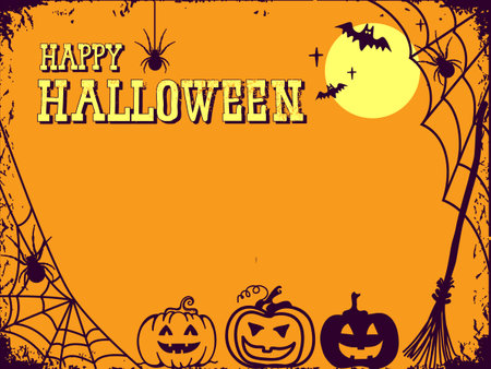 Happy Halloween poster background with web spiders and pumpkins. Vectort Halloween illustration for text or designのイラスト素材