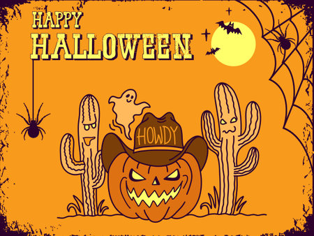 Halloween Pumpkin cowboy vector illustration. Pumpkin wearing cowboy hat with howdy text and American desert cactuses. Vector hand darwn line style illustration card background.のイラスト素材