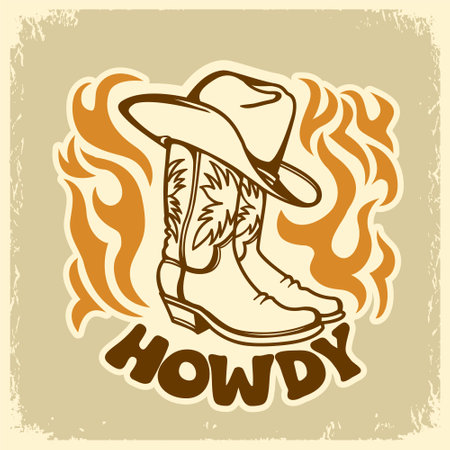 Cowboy card vector on old paper texture with cowboy boots and hat graphic illustration. Wid West prit art illustration with howdy textのイラスト素材