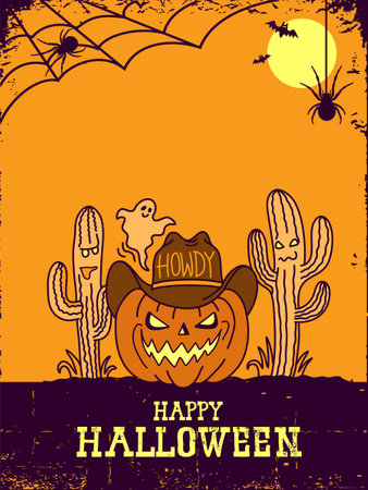 Halloween Pumpkin cowboy vector illustration. Pumpkin wearing cowboy hat with howdy text and American desert cactuses. Vector hand darwn line style illustration card background.のイラスト素材