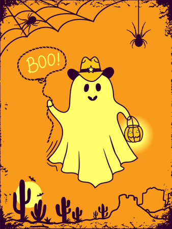 Halloween grost cowboy background illustration. Vector hand drawn halloween cute ghost in cowboy hat and bandanna and Boo holiday text for card.のイラスト素材