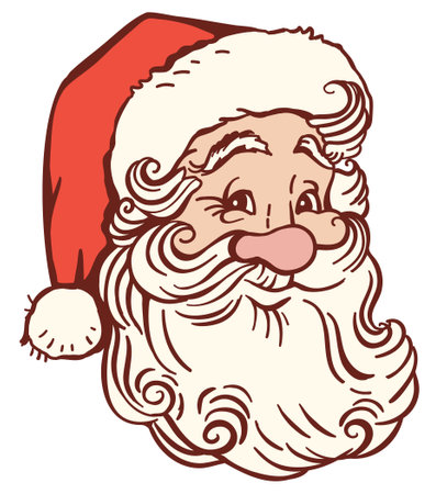 Santa Claus face Christmas vector illustration isolated on white for design. Smiling Santa head with red hat on white background.のイラスト素材