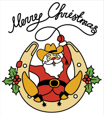 Santa cowboy christmas . Vector Santa with cowboy boots and western hat sit on horseshoe decorated holly berry and hold lasso christmas text.のイラスト素材