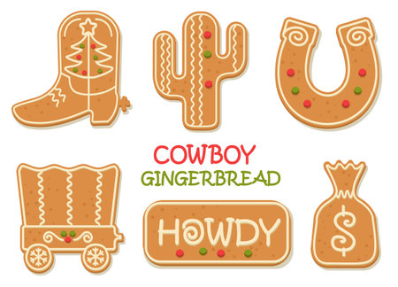 Cowboy Christmas gingerbread cookies vector clipart illustration isolated on white. Western Christmas gingerbread cowboy Howdy Western Xmas baked cookies.のイラスト素材