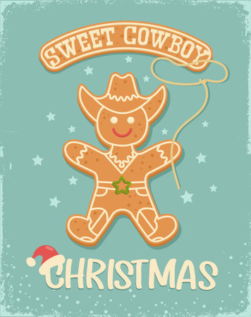Cowboy Christmas gingerbread man cookie vintage card illustration with christmas text on old paper texture. Christmas gingerbread cowboy Howdy Western Xmas baked cookie holiday snow background.のイラスト素材