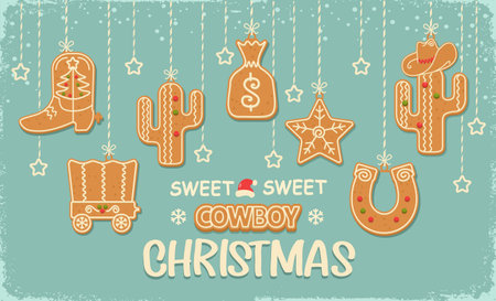 Cowboy Christmas card background with hanging christmas gingerbread cookies western style. Vector sweet biscuits on holiday snow blue background with textのイラスト素材