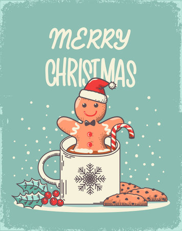 Gingerbread Man in cup of chocolate vector vintage card. Vector Christmas card background with holly berry decorations and chocolate cookies on old vintage paper texture background.のイラスト素材