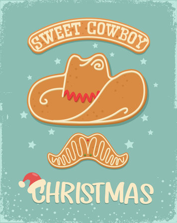 Cowboy sweet Christmas gingerbread cookie vintage card background with christmas text on old paper texture. Christmas gingerbread cowboy hat Howdy Western Xmas baked cookie holiday snow background.のイラスト素材