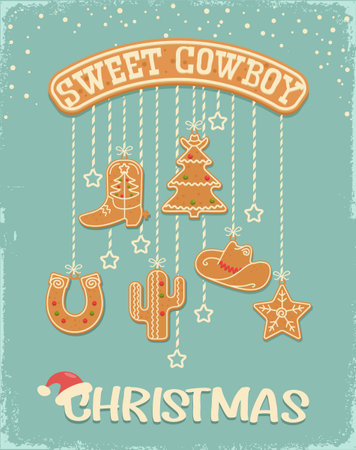 Cowboy vintage Christmas card with hanging christmas gingerbread cookies western style. Vector sweet biscuits on holiday snow blue background with text and decorations.のイラスト素材