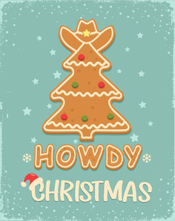 Cowboy  gingerbread Christmas tree cookie vintage card illustration with christmas text on old paper texture. Christmas gingerbread with cowboy hat Howdy Western Xmas baked cookie holiday snow background.のイラスト素材
