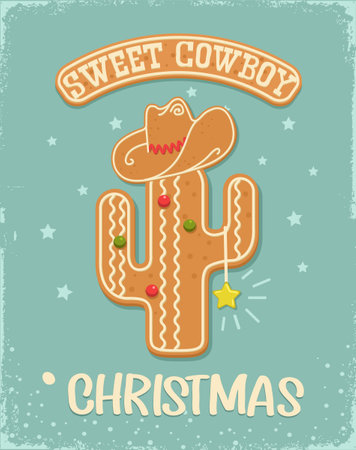 Cowboy sweet Christmas gingerbread cookie vintage card background with cactus, cowboy hat and christmas text on old paper texture. Christmas gingerbread cowboy Howdy Western Xmas baked cookie holiday snow background.のイラスト素材