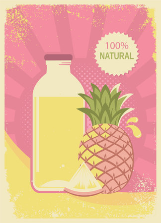 Pineapple juice vintage Poster background. Vector summer bottle of Fresh pineapple Juice illustration with text on old paper Background texture.のイラスト素材