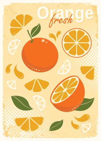Orange Vintage Poster background. Vector Orange fresh fruit retro illustration on old paper background with text.のイラスト素材
