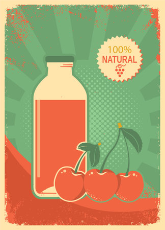 Cherry juice vintage Poster background. Vector summer bottle of Fresh cherry Juice red green illustration with text on old paper Background texture.のイラスト素材