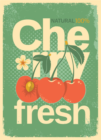 Cherry vintage Poster Background with text. Vector summer cherry Fresh Juice red green style illustration with text on old paper Background texture.のイラスト素材