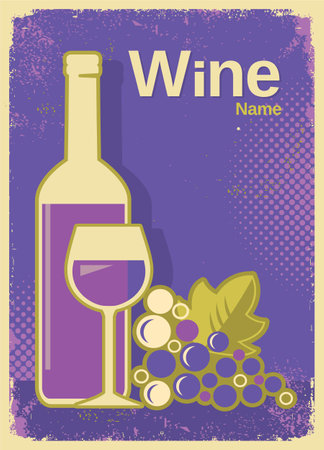 Wine vintage Poster Background. Vector summer Fresh Grape Wine illustration with text on old violet green paper Background textureのイラスト素材