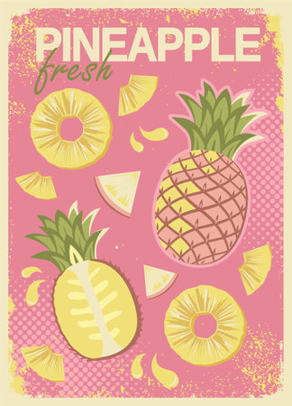 Pineapple Juice vintage Poster. Vector summer Fresh Pineapple Juice illustration with yellow ananas and text on old paper texture pink yellow style design background.のイラスト素材