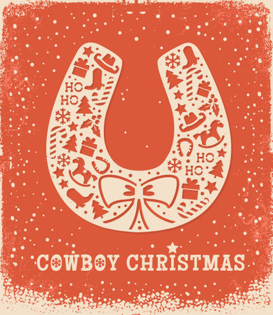 Vintage Cowboy Christmas vector illustration. Featuring beautifully designed horseshoe filled with festive icons such as Christmas trees, cowboy hats, rocking horses, snowflakes, and holiday gifts, this artwork blends the charm of country living with the warmth of Christmaのイラスト素材