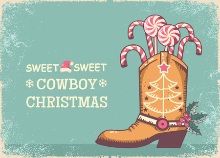Sweet Cowboy Christmas vintage style holiday card featuring a festive cowboy boot filled with candy canes and peppermint lollipops. The charming Western holiday theme blends cozy country vibes with sweet Christmas cheer, making it perfect for greeting cards, invitations, or Western-inspired Christmas decorのイラスト素材