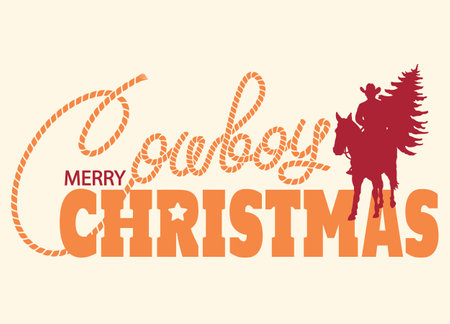 Cowboy Christmas vector illustration. Vintage Cowboy Merry Christmas Card with Cowboy Silhouette and Text Design. A cowboy silhouette on horseback with a Christmas tree adds a rustic charm perfect for country and rodeo lovers. Ideal for festive holiday greetings with a Western twist, this design captures the spirit of Christmas with a cowboy flairのイラスト素材